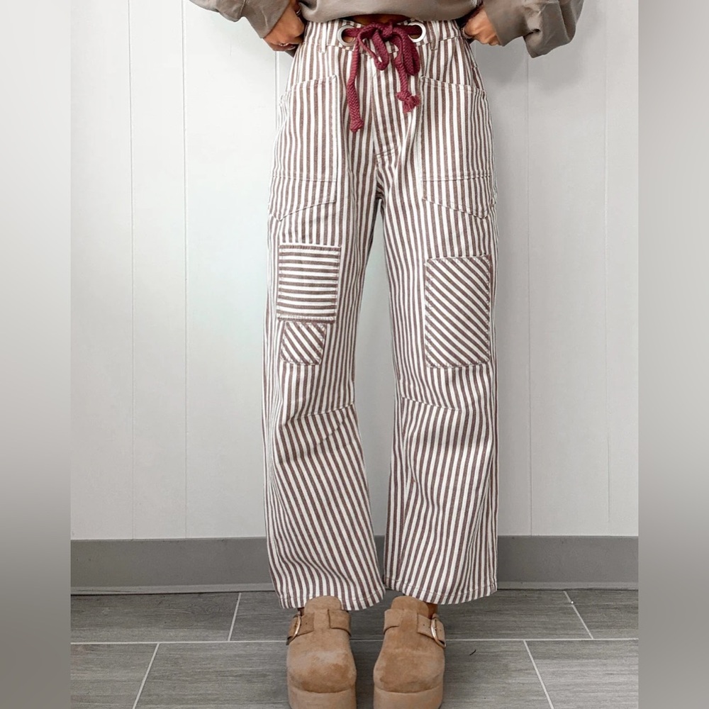 BiBi Striped Wide-Leg Pants with Burgundy Drawstring
